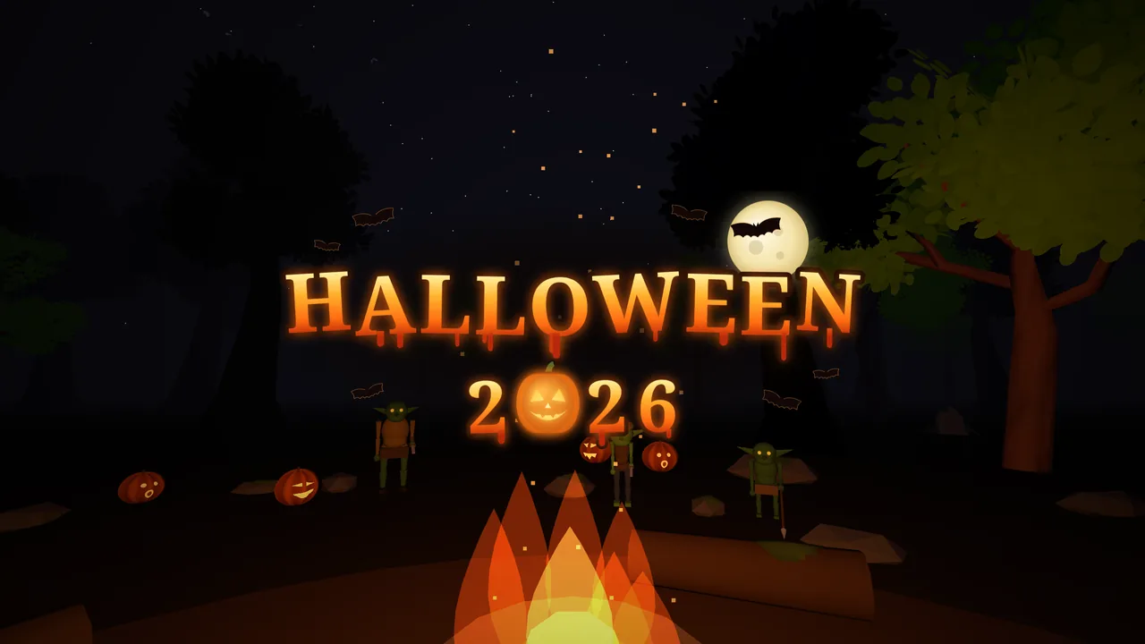 Halloween 2026 cover art: the game's title over a moonlit camp in the woods, with goblins around the fire